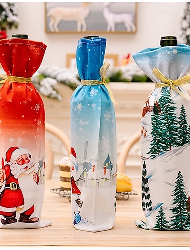  Zestaw 3 świątecznych pokrowców na butelki wina, torebek na szampana z motywem Świętego Mikołaja, miękkich uchwytów na butelki wina, dekoracji stołu na przyjęcie bożonarodzeniowe, wielokrotnego użytku