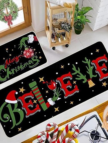  Jule Gulvmatte 2-Delt Sett Gang Kjøkken Absorberende Skittbestandig Og Mykt Antiskli Maskinvaskbart Teppe Inngang Og Dør Teppe Lett å Rengjøre Kjøkkenmatter