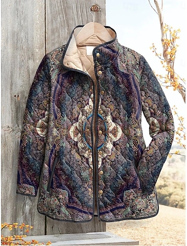  Mujer Chaqueta de Invierno Chaqueta acolchada Mantiene abrigado Cómodo Bolsillo Botones Estampado Moda Diario Exterior Geométrico Vacaciones Casual Diario Botonadura Simple Regular Escote Chino