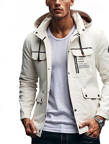  Homme Veste d'Extérieur Imperméable Veste de Randonnée Quotidien Randonnée Coupe-vent Imperméable Avec Poches Printemps Automne Lettre Mode Classique À capuche Régulier Noir Jaune Vert Véronèse Beige