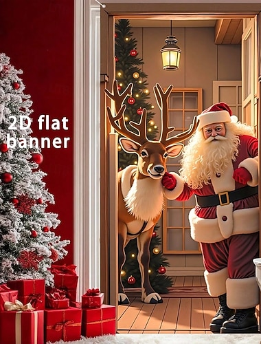  Рождественские шторы на дверь, зимние праздничные украшения, шторы с Санта-Клаусом, оленями и елкой, для уютного интерьера, прихожей, гостиной, спальни, настенные украшения, праздничный декор для дома