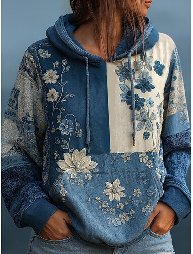  Kvinnors 3D-print vintage boho hoodie patchwork hoodie sweatshirt blommig pullover casual långärmad hoodie street vardagskläder patchwork print framficka ljusgrön mörk rosa marin vår höst vinter