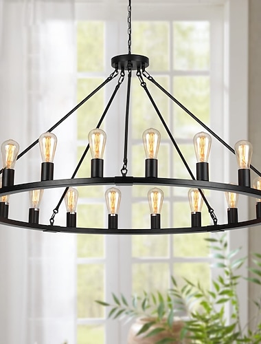  Lustre led noir sur roues 20 lumières grand lustre de campagne rustique rond luminaire industriel pour salle à manger salon îlot de cuisine hall d'entrée