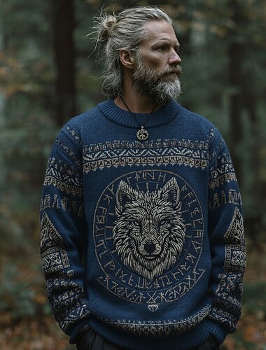  בגדי ריקוד גברים זאב בעלי דפוסים בעלי חיים ויקינג סוודר סוודר סריגים צווארון צווארון רטרו\וינטאג' יום יומי חופשה רחוב יומי הדפסת תלת מימד סריגה Keep Warm שרוול ארוך אביב סתיו חורף שחור פול תלתן