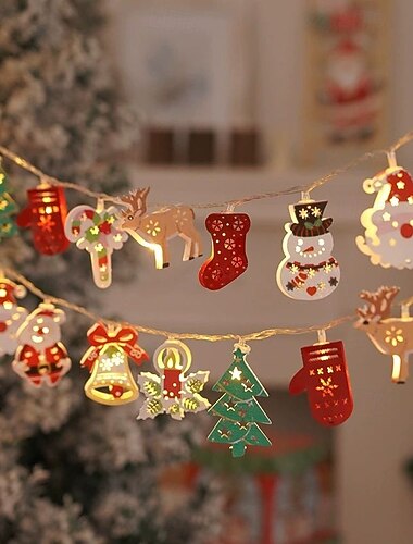  Ghirlanda di luci natalizie da 1,5 m, 10 LED, Babbo Natale, pupazzo di neve, luci da favola, campanellini di alce, alimentati a batteria, atmosfera natalizia, capodanno, festa, veranda, finestra,
