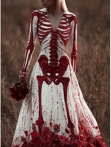 Damen Maxi Kleid Plissee Kleid Boho Date Ausgehen Reguläre Passform Schädel Langarm V-Ausschnitt Rot Herbst   Damen Maxi Kleid Plissee Kleid Boho Date Ausgehen Reguläre Passform Schädel Langarm V-Ausschnitt Rot Herbst