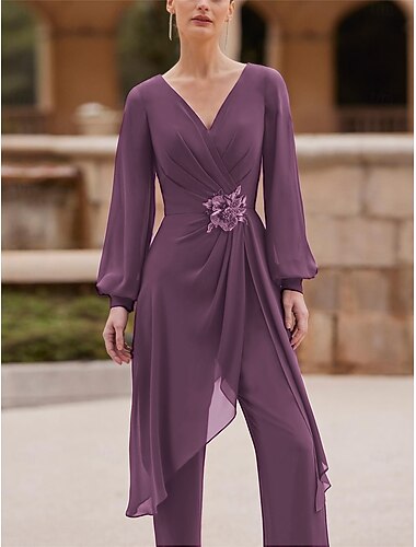  Abito Madre della Sposa Aderente Formale Ospite Matrimonio Elegante Vintage Collo a V Lunghezza Pavimento Chiffon Manica Corta con Pieghe Arricciate Fiore taglia personalizzata senza costi aggiuntivi