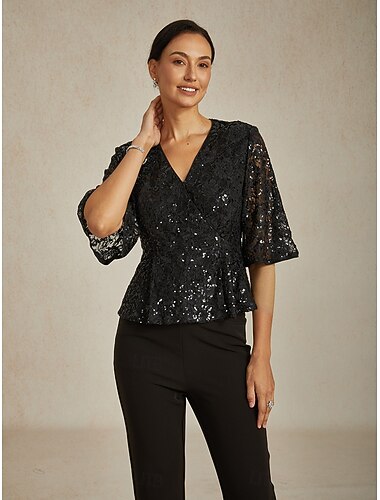  Dame Bluse Blonde topper Kveldstopper Topper med paljetter Elegant Fest V-hals Vanlige topper Bryllupsgjest Cocktail antrekk Paljetter Blonde Svart Vår, Høst, Vinter, Sommer
