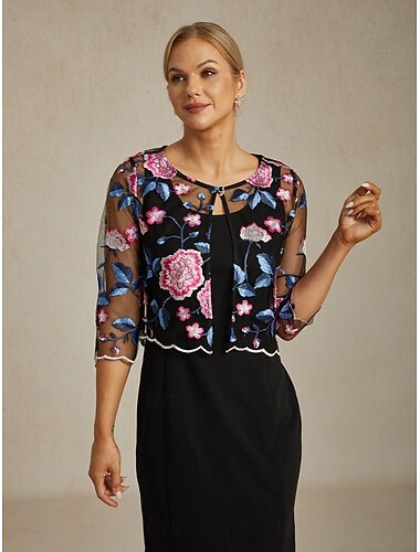  Dame Blazer Lettvekt Blonde Broderi Elegant Blomstret Formell Kort Crewneck Normal 3/4 ermer Yttertøy Fuksia Sommer Vår