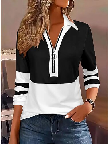  Női Blúz Mértani Stílusos Alkalmi Hosszú ujj Állógallér Normál felsők Napi Kollázs Cipzár Fekete Bor Világosbarna Medence Lóhere Tavasz Ősz