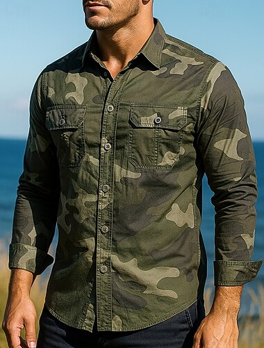  Hombre camisa cargo Camisa para senderismo Manga Larga Cuello Vuelto Camiseta Al aire libre Transpirable Algodón Color Camuflaje Verde Ejército Caqui Gris Tenis Golf Corriendo