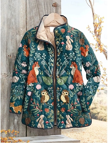  Mujer Chaqueta de Invierno Chaqueta acolchada Mantiene abrigado Cómodo Bolsillo Botones Estampado Moda Diario Exterior Animal Vacaciones Casual Diario Botonadura Simple Regular Escote Chino Ajuste