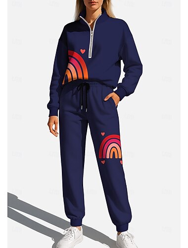  Dames Trainingspak sweatsuit Joggingpak Lente Trekkoord Vetoketju Geometrisch Joggingpak Atletische kledingset Donker Marineblauw Informeel Training Voor buiten Zacht zakkerig Lange mouw Sport