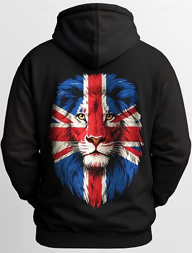  Herren Flagge Löwe UK Kapuzensweatshirt Pullover Sport Mode Rundhalsausschnitt Outdoor Büro Streetwear Schwarz Weiß Kordelzug 3D Herbst Winter Designer