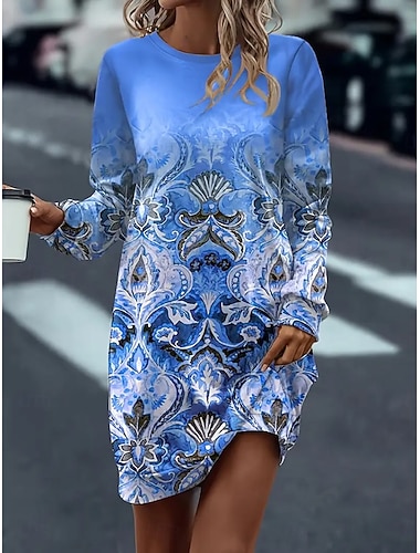  Kvinne Sweatshirt Kjole Mini Kjole Shift Kjole Uformell Ferie Gå Ut Løs Passform Grafikk Gradient Langermet Crew Neck Blå Vår Høst Vinter