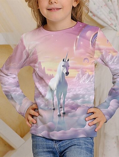  Flickor 3D Enhörnings T-shirt Långärmad Vår Höst Mode Grundläggande Barn 4-12 år Rund hals Utomhus Ledigt Dagligen Normal