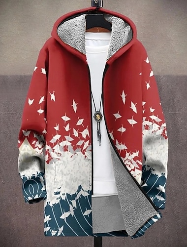  בגדי ריקוד גברים גראפי פתית שלג מעיל חורף מעיל פליס מעיל שמור על חום הגוף נוח יום יומי בָּחוּץ חופשה לבוש יומיומי רוכסן כיס הדפסת תלת מימד סתיו חורף עם קפוצ'ון שרוול ארוך שחור אודם פול