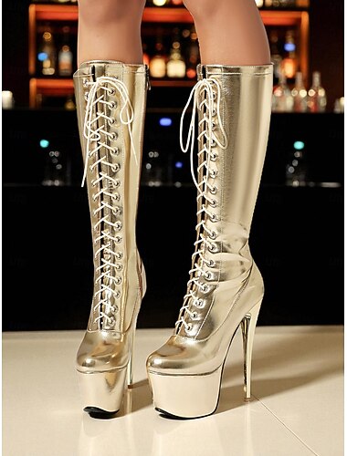  レディースゴールドレースアッププラットフォームニーハイブーツ - ナイトライフに最適なセクシーなハイスティレットヒールのロングブーツ &ポールダンス