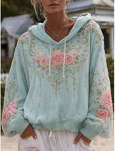  Γυναικείο Vintage 3D Print Boho Hoodie Patchwork Φούτερ με Δουλειά Λουλουδιών Pullover Φούτερ Elegant Ενεργό Μακρύ Μανίκι Χακί Ημέρας Casual Ανοιχτό Μπλε Άνοιξη Φθινόπωρο Χειμώνας