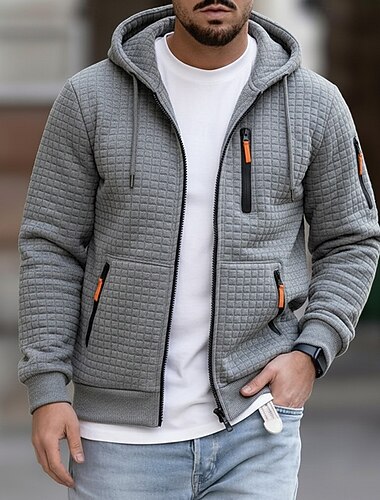  Pánské Kapuce Mikina s kapucí na zip Vaflové mikiny s kapucí Taktická mikina s kapucí Světle šedá Kapuce Bez vzoru Zip Sporty a outdoor Ležérní Denní Šik ven Chladný Sportovní oblečení Jaro & podzim