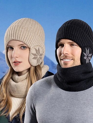  Winter Beanie Hat Scarf Sets Warm Knit Hat Fleece Lined Neck Warmer Women Men Outdoor Cycling Ear Protection Skull Cap Cold Weather Thermal Accessories