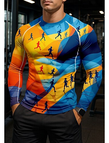  Homme Géométrique T-shirt de compression Haut de course T-shirt de course Printemps Automne Impression 3D manche longue Séchage Rapide Compression Power Flex Évacuation de l'Humidité Respirant