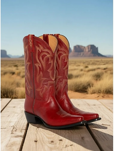  stivali da cowboy da donna in pelle rossa con motivo western ricamato - calzature urbane alla moda per outfit alla moda