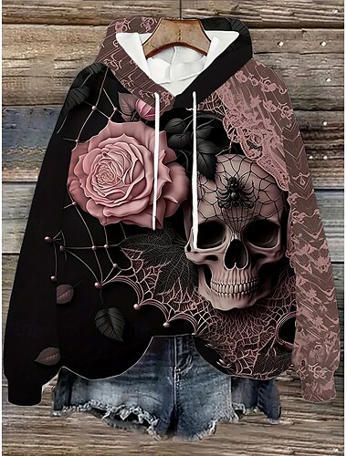  Női Pulóver Hoodie pulóver Virágos Grafika Koponya Alkalmi Boho Hosszú ujj Kapucni Normál felsők Utca Hétköznapi Kollázs Nyomtatott Elülső zseb Sötétrózsaszín Ősz Tél