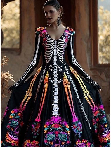 Damen Maxikleid Plissiertes Kleid Boho Party Date Ausgehen Regulärer Schnitt Totenkopf Langarm V-Ausschnitt Schwarz Wein Herbst Winter   Damen Maxikleid Plissiertes Kleid Boho Party Date Ausgehen Regulärer Schnitt Totenkopf Langarm V-Ausschnitt Schwarz Wein Herbst Winter