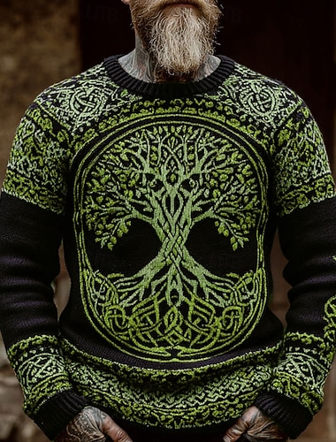  בגדי ריקוד גברים ויקינג עץ החיים סוודר סוודר סריגים צווארון צווארון רטרו\וינטאג' יום יומי חופשה יומי הדפסת תלת מימד סריגה Keep Warm שרוול ארוך אביב סתיו חורף אודם פול חום