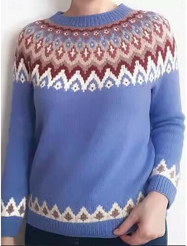  Női Fair Isle pulóver Pulóver Elegáns Szüret Utcai sikk Mértani Bordázott Terített nyak Virágos Hosszú ujj Normál felsők Kötött Iskola Szabadtéri Otthon Fehér Rubin Tavasz Ősz