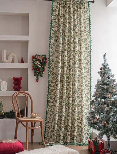  Grønn julefolie kristtornbladgardin, halvmørkleggende stanglommegardiner for kjøkken, karnappvindu og balkong