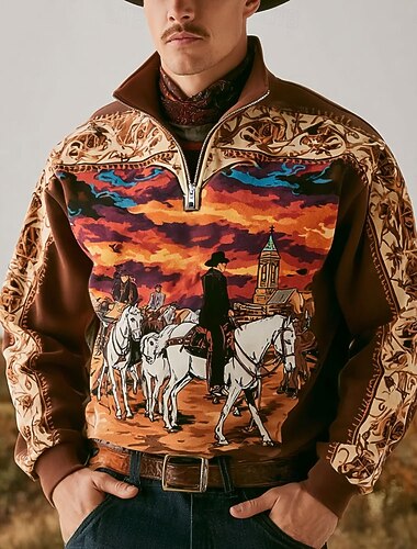  Ανδρικά Cowboy Πουλόβερ Etnic Vintage ρετρό Μακρυμάνικο Όρθιος Γιακάς ΕΞΩΤΕΡΙΚΟΥ ΧΩΡΟΥ Δουλειά Δώρο Μαύρο Καφέ Πράσινο του τριφυλλιού Φερμουάρ Φθινόπωρο Χειμώνας Σχεδιαστής Τ M L XL XXL XXXL
