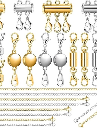  26-osainen kaulakorun jatkopala ja magneettinen korulukko, sis. koko 5&amp;5 tyylikästä magneettilukkoa, kaulakorun kerroslukot ja rannekorun jatkoketju korujen helppoon korjaamiseen