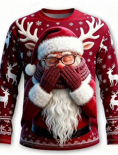  Navidad Hombre Papá Noel Gracioso Camiseta Manga Larga Camiseta Impresión 3D Cuello Barco Camisa Moda Básico 3D Calle Casual Diario Rojo Verano Primavera Ropa S M L XL XXL XXXL