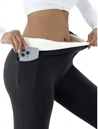  Leggings femininas forradas com lã, shorts anti-fricção, estilo étnico vintage, comprimento total, cintura alta, cor sólida, corte alto, térmicas, quentes, confortáveis, elásticas, para atividades ao ar livre, férias, rua, preto e vermelho