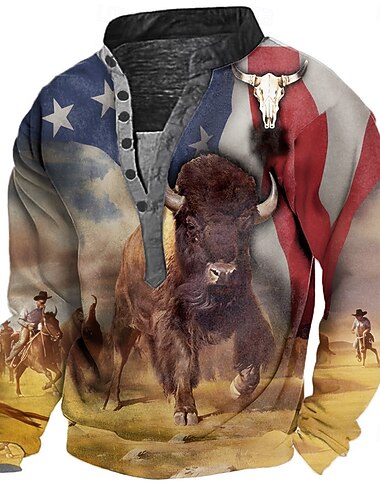  Miesten Lehmä Yhdysvaltain Yhdysvaltain lippu College Etninen 3D Pitkähihainen poolokaulus Lahja Matkailu Katuvaatteet Ruskea Napin edessä Syksy Talvi Suunnittelija S M L XL XXL XXXL
