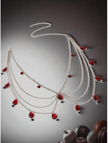  Zilveren ketting voor dames met rode edelstenen - gotische tailleketting voor Halloween-feest- en uitgaansoutfits