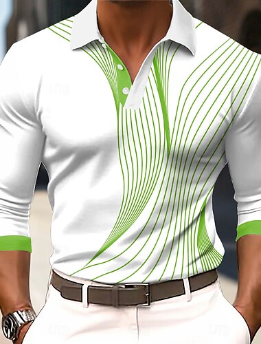  Férfi Geometriai Linije Póló Hosszú ujj Pólóingek Galléros ingek Üzleti alkalmi Üzleti Sportruházat Hétköznapi viselet 3D nyomtatás Gombok Tavasz Ősz Tél Rubin Medence Bíbor