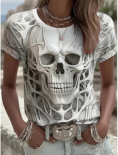  T-shirt da donna per Halloween con grafica di teschi vintage moda elegante maniche corte colletto tondo top regolari stampa quotidiana weekend nero bianco grigio chiaro grigio autunno inverno