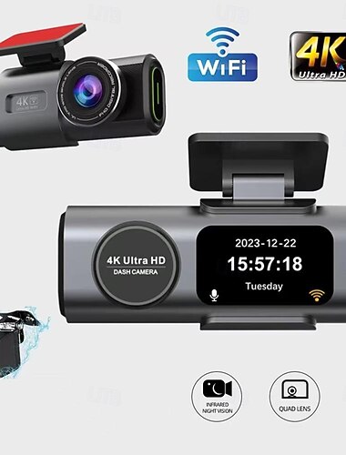  מצלמת דאש מצלמה קדמית HD 4K, מצלמה אחורית 1080p, קישוריות WiFi לנייד ומסך IPS בגודל 1.5 אינץ' להקלטה בלולאה.