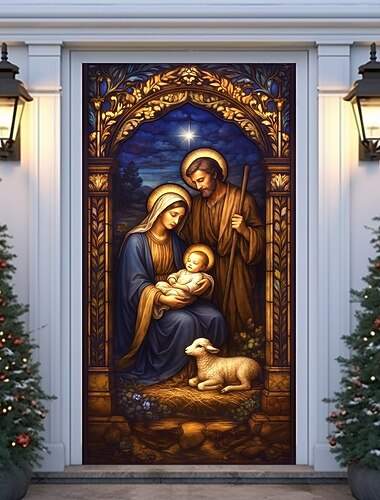  Capinha de Porta de Natal Cortina de Porta da Sagrada Família em Vidro Manchado Pendura Religiosa de Porta de Natal 2025 para Decoração de Igreja e Casa na Varanda