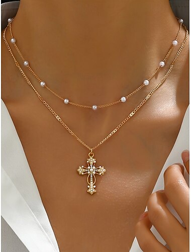  Kerstkruisketting voor dames, gelaagde gouden ketting met parel- en strass-hanger, elegante feestsieraden voor feesten, bruiloften en als cadeau
