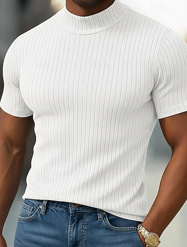  Homens Camiseta camisa muscular Camiseta de malha canelada T-shirt Manga Curta Gola Alta Verão Tecido Pit Strip Moda Designer Básico Corte Justo Férias Rua Para Noite Preto Branco Cinzento Claro Top