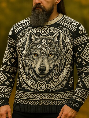  Hombre Animal Lobo Vikingo Suéter de punto Prendas de punto Cuello redondo Retro Antiguo Casual Vacaciones Diario Impresión 3D Mantiene abrigado Manga Larga Primavera Otoño Invierno Negro Gris Oscuro