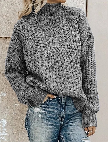  Women's Sweater Pullover Streetwear Casual Solid Color Turtleneck Knitted Long Sleeve Regular Tops Knit Daily Holiday Going out Black Army Green Fall Winter