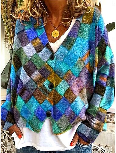  Per donna Felpa Cardigan Elegante Vintage Moda Geometrico Plaid Scollo a V Tasca Lavorato a maglia Stampato Manica Lunga Top Regolari Maglia All'aperto Quotidiano Weekend Rosso Blu marino Autunno