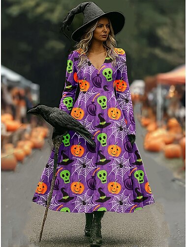  ハロウィン レディース ウィッチ プリント ミディドレス カジュアル ドレス Aライン ドレス バケーション カジュアル ウェディング パーティー バースデー レギュラーフィット グラフィック 長袖 Vネック 黒 紫 オレンジ 緑 春 秋