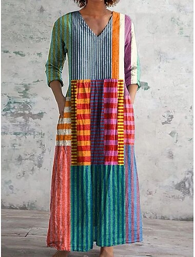  Per donna Abito Midi Abito a Tubino Casual Quotidiano Vestibilità regolare Grafico Geometrico Manica Lunga Scollo a V Giallo Rosso Blu Arancione Primavera Autunno