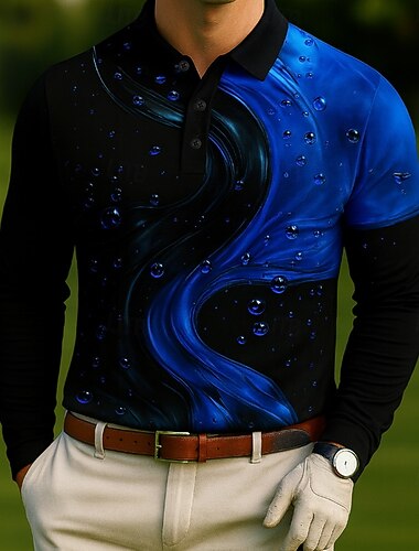  Herre Geometrisk Golf Polo Langermet Poloskjorter Knaphul Fritid utendørs treningsklær Dagligdagstøy 3D-utskrift Knapper Vår Høst Vinter Hvit Rød Blå